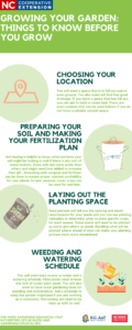Gardening basics infograph on choosing a space, soil amendment, planting and watering and maintenance schedules. 