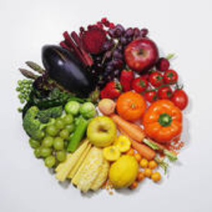 Various fruits and vegetables arranged by color in a circle.