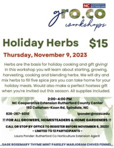 Herb Workshop November 9 from 2 to 4 pm